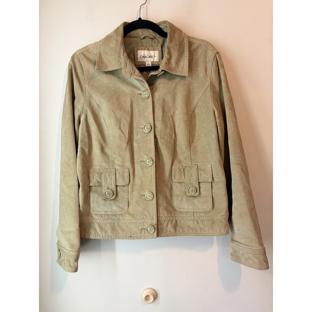 Vintage Y2K Cherokee Genuine Leather Jacket Women Large Tan Suede Button Cropped